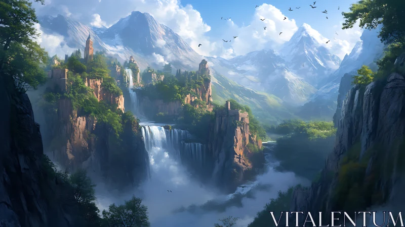 Waterfall kingdom nestles in a sunlit mountain valley