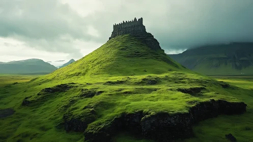 Emerald hill fortress rises under brooding stormlit skies