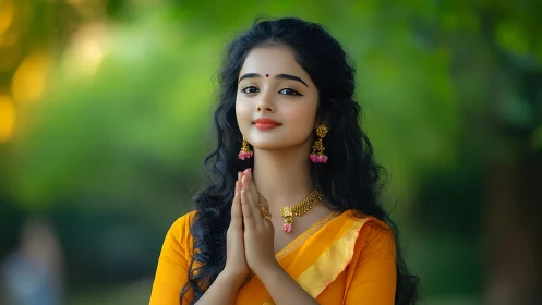 Young Indian woman in traditional attire with serene expression outdoors.