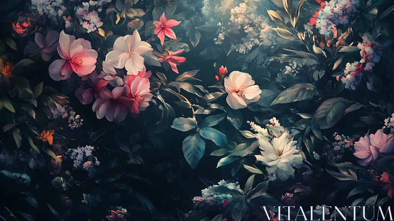 Dark floral garden with layered pink and white flowers