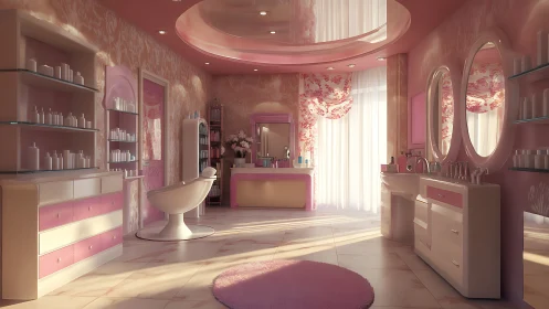 Luxurious pink beauty salon interior glows with soft light.