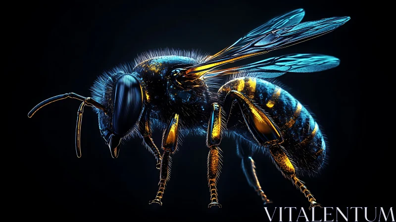 Macro-rendered metallic honeybee with neon blue gold lighting