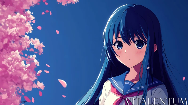 Quiet blue-haired girl under drifting cherry blossoms.