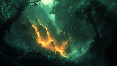 Mystical Forest Ravine with Luminous Golden Fire
