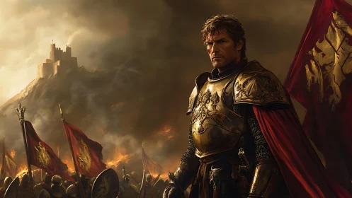 Golden knight before a burning castle and crimson banners.