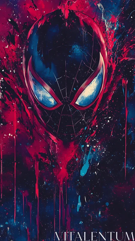 Abstract neon spider mask dissolves into cosmic splatter field