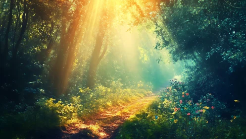 Magical Sunlit Forest Path with Wildflowers, Dreamlike Nature Scene.
