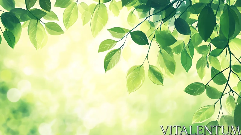 Sunlit green leaves drift gently in soft morning glow.