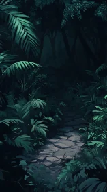 Moonlit Forest Path Through Tropical Haven.
