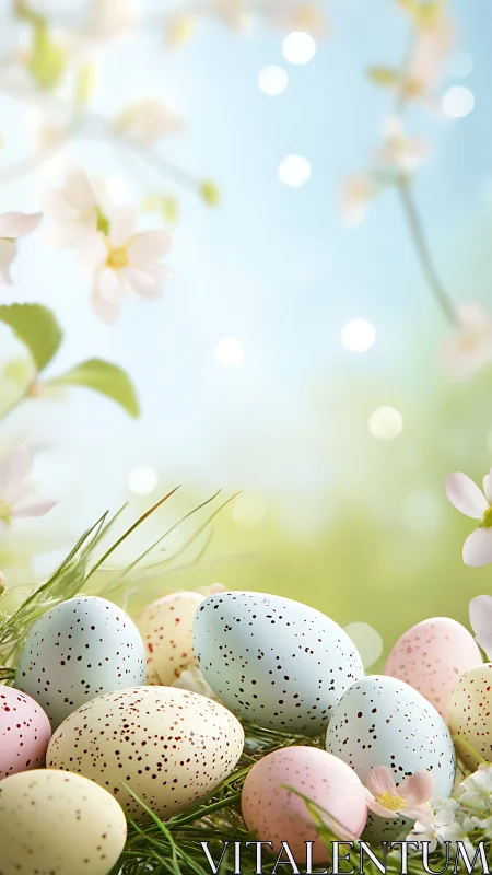 Speckled springtime eggs lounge softly beneath blooming light