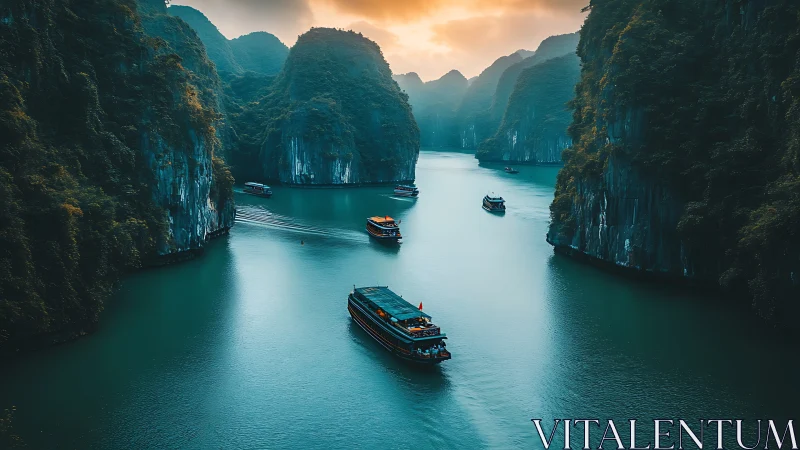 Emerald bay cruise boats amid towering karst cliffs at dusk.