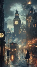 Steampunk London street under alien sky and heavy rain.