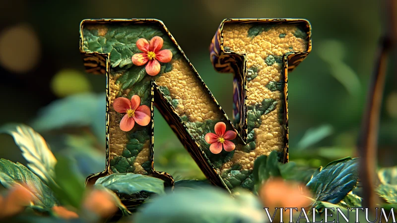 Nature-inspired letter N with floral accents and textured style.