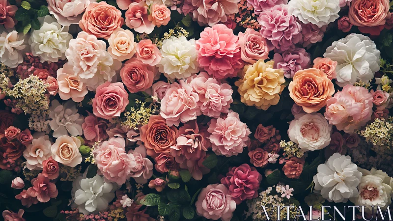 Romantic rose wall blossoms with lush layered pastel petals.