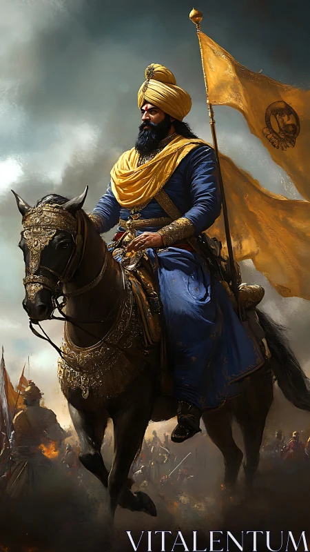 Gallant Sikh horseman rides forward under a golden battle flag