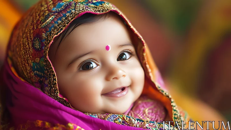 Joyful Baby in Vibrant Cultural Embroidered Headwear.