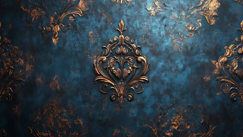 Ornate bronze floral relief on textured teal background.