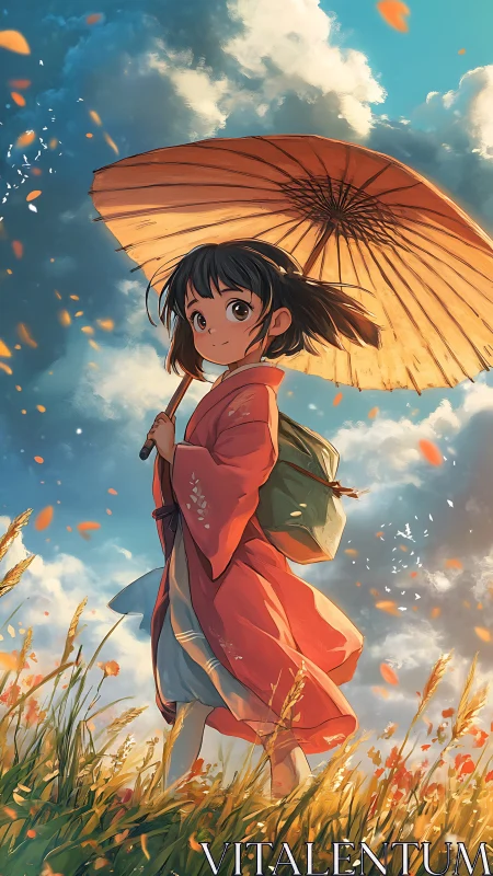 Anime girl in kimono with parasol in pastoral field scene.