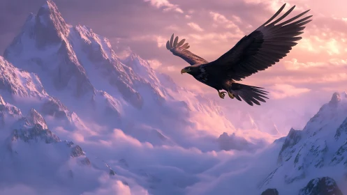 Majestic Eagle Soaring Above Snowy Mountains at Sunrise, Digital Art.