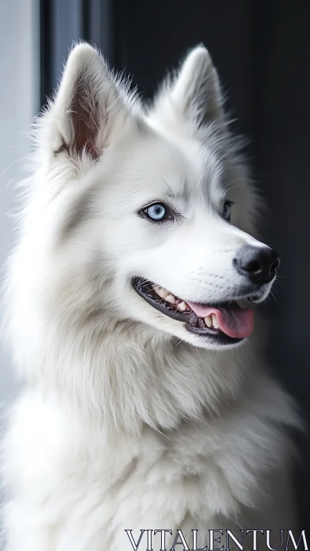 Ice-eyed white husky gazes through windowlight with quiet joy.