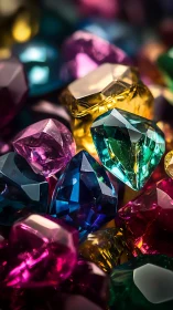 Multicolored faceted gemstones in tight clustered view.