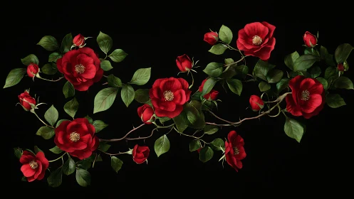 Red Roses with Golden Centers Against Black Background