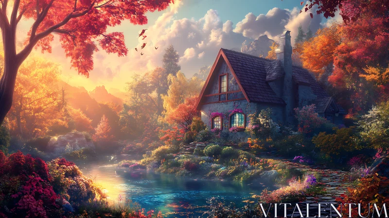 Sunset-lit cottage hums softly beneath a spellbound autumn sky