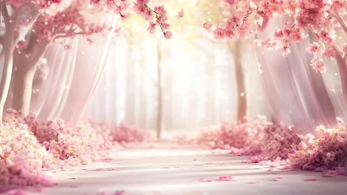 Cherry blossom trees form a symmetrical path in soft light