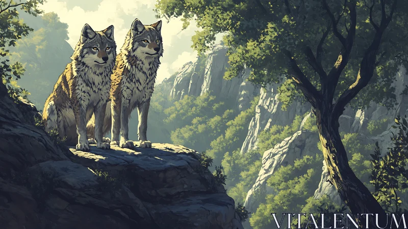 Two wolves standing on rocky ledge in sunlit forest gorge.