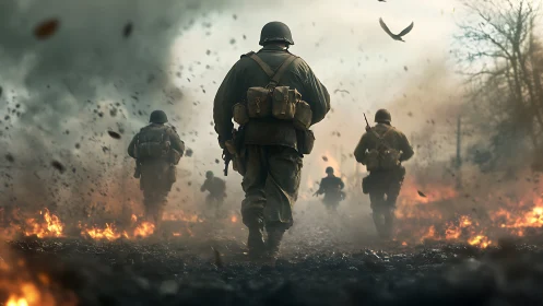 Soldiers advancing through flaming battlefield in dense smoke.