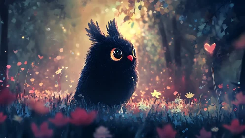 Fluffy black forest creature observes glowing heart light