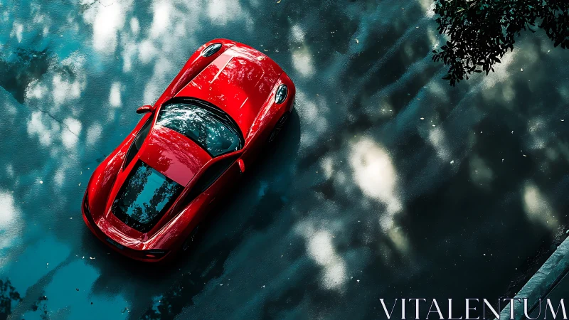 Crimson sports car gliding through a dreamy teal street.