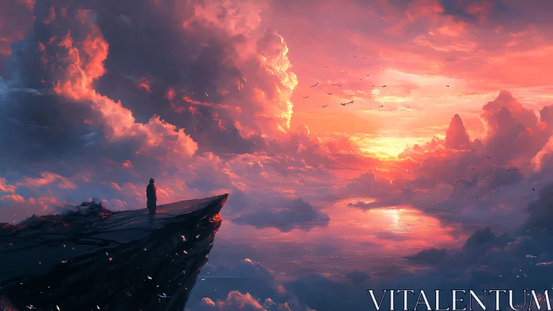 Solitary figure over glowing cloud sea at radiant sunset.