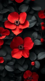 Red Anemone Flowers with Contrasting Dark Foliage and Black Centers
