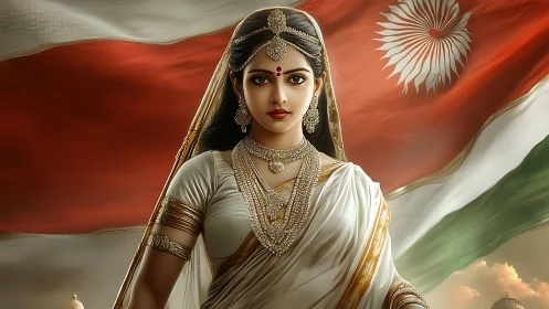 Regal Indian woman stands before billowing national flag.