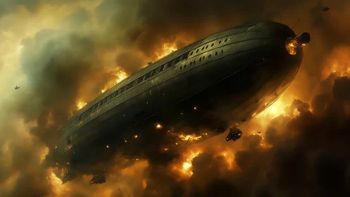 Gigantic armored airship engulfed in cinematic inferno clouds