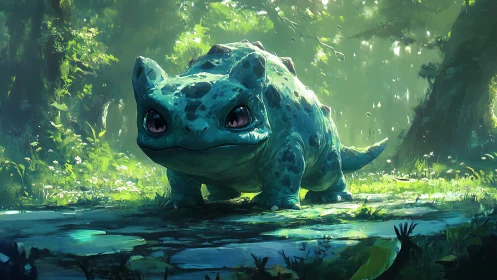 Curious forest creature stands glowing softly in green light