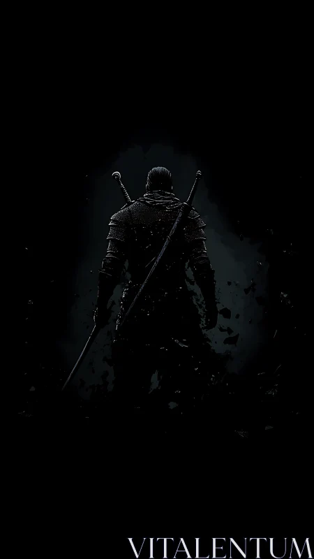 Armored swordsman silhouette on dark fragmented background.