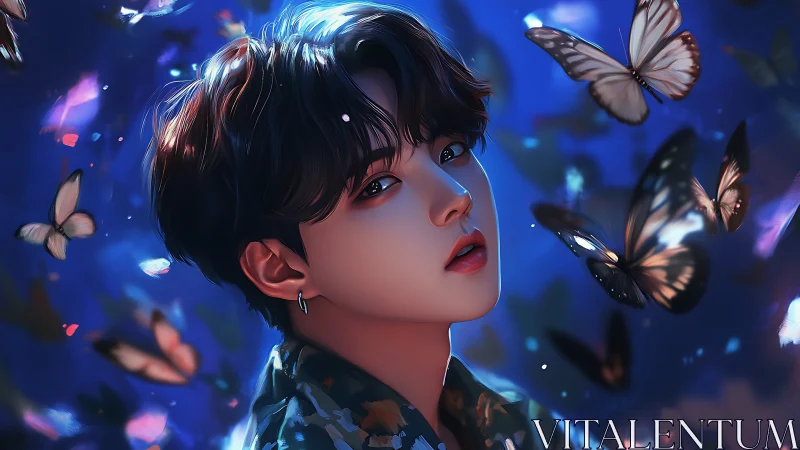 Young person surrounded by glowing butterflies at night.