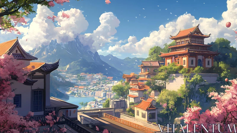 Elevated terraced pagoda complex above coastal valley cityscape.