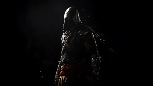 Hooded rogue emerges from darkness in dramatic game art