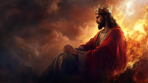 Melancholic crowned king seated in fiery clouds scene.