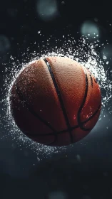 Soaring basketball splashing through light and motion.
