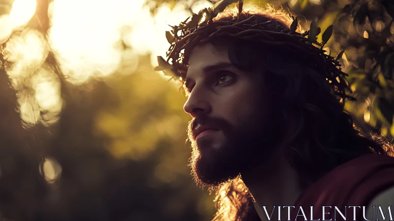 Crowned figure gazes upward through warm golden sunset light.