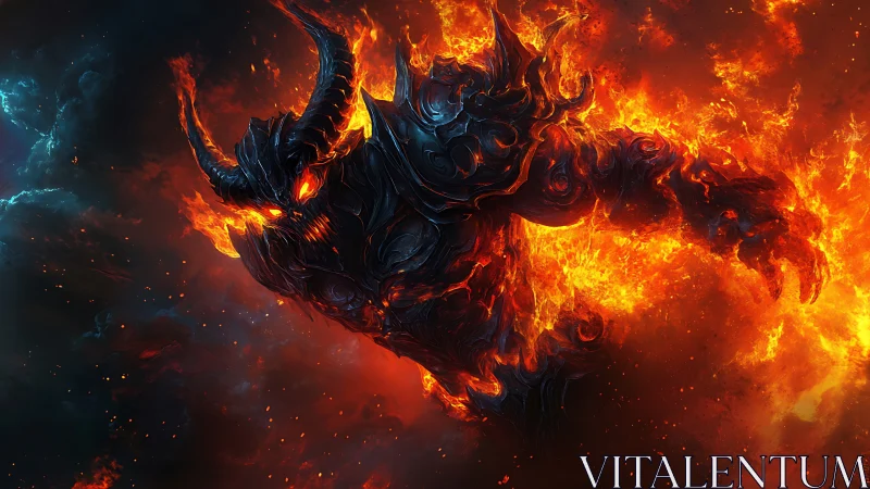 Horned infernal titan emerging from swirling cosmic fire.