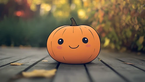 Cute stylized pumpkin character on deck in soft autumn bokeh