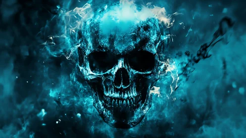Glowing blue flaming skull in dark smoky background art.