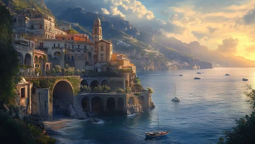 Sunlit coastal town with cliffs, arches, and calm boats.