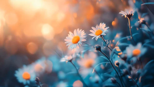 Golden Daisies Glowing in Warm Sunset Light.