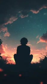 Silhouetted figure observing starry dusk sky in warm gradients.